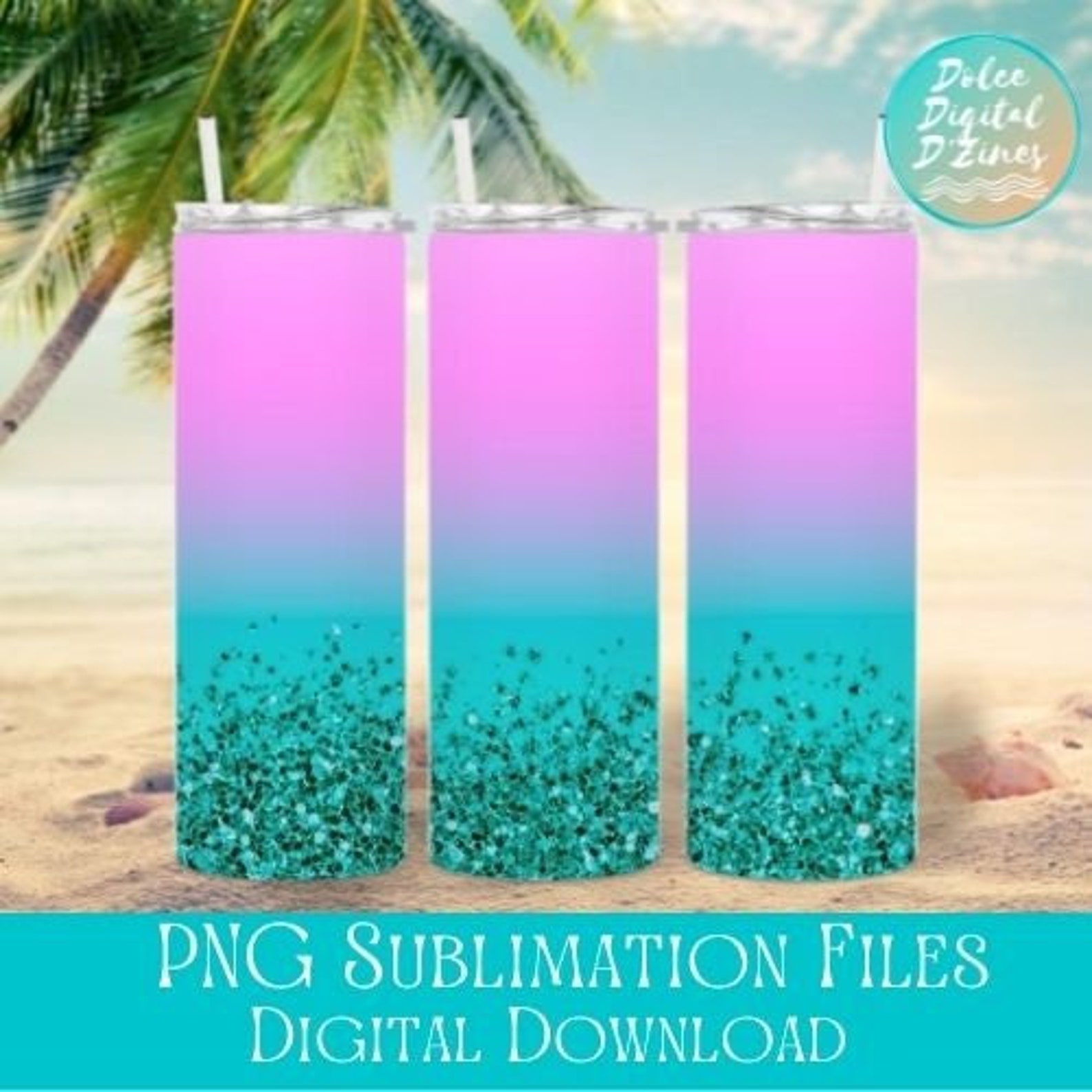 Ombre Teal Glitter Skinny Tumbler PNG, Pink and Blue Ombre Sublimation