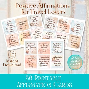 Cartões de afirmação imprimíveis para amantes de viagens, afirmações diárias, avisos de diário, citação do quadro de visão, autocuidado positivo, download instantâneo