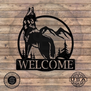 Custom Wolf Metal Sign II Metal Welcome Outdoor Sign, Cabin Gifts, Personalized Camping Sign, Outdoor Family Decor, Nature Scene