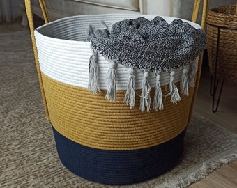 EXTRA Grand panier de couverture pour chambre d’enfant ou salon - Panier à linge en corde de coton tissé - Panier de rangement d’oreillers - XXL 15"x16 »