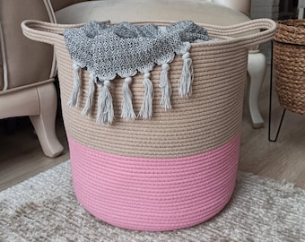 EXTRA Large Blanket Basket for Nursery or Living Room - Woven Cotton Rope Laundry Basket - Pillow Storage Basket - XXL 15"x16"