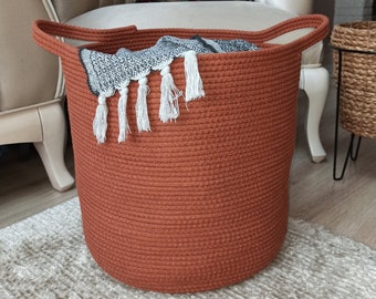 EXTRA Grand panier de couverture pour chambre d’enfant ou salon - Panier à linge en corde de coton tissé - Panier de rangement d’oreillers - XXL 15"x16 »