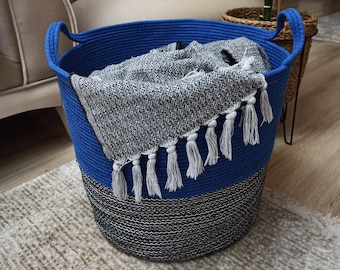 EXTRA Large Blanket Basket for Nursery or Living Room - Woven Cotton Rope Laundry Basket - Pillow Storage Basket - XXL 15"x16"