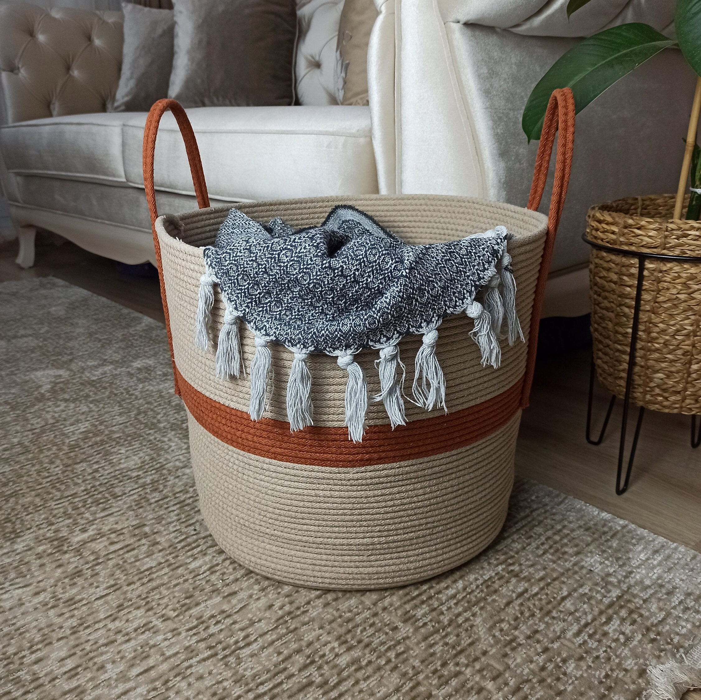 Extra large blanket basket for nursery or living room woven cotton rope