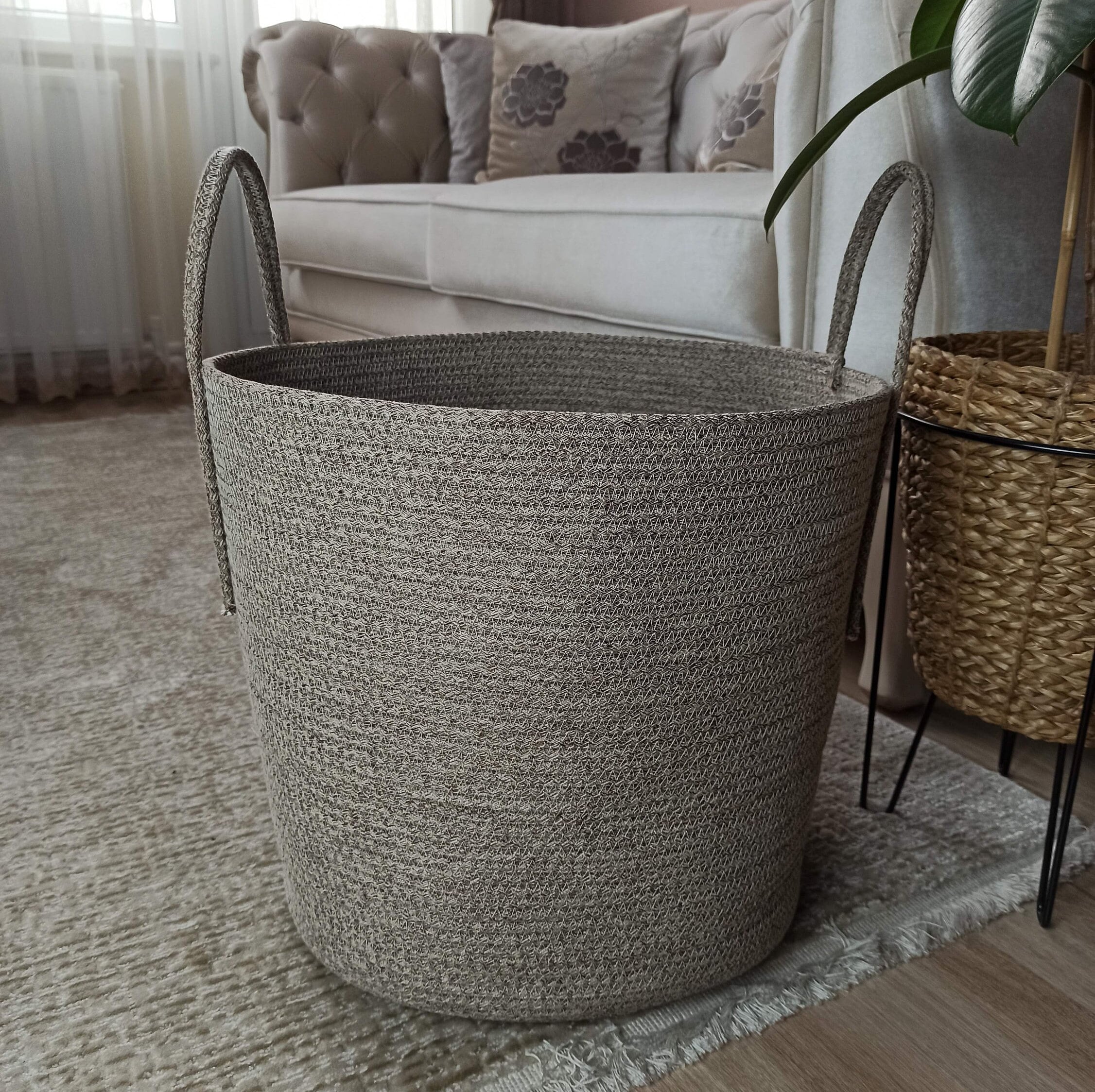 Extra large blanket basket for nursery or living room woven cotton rope