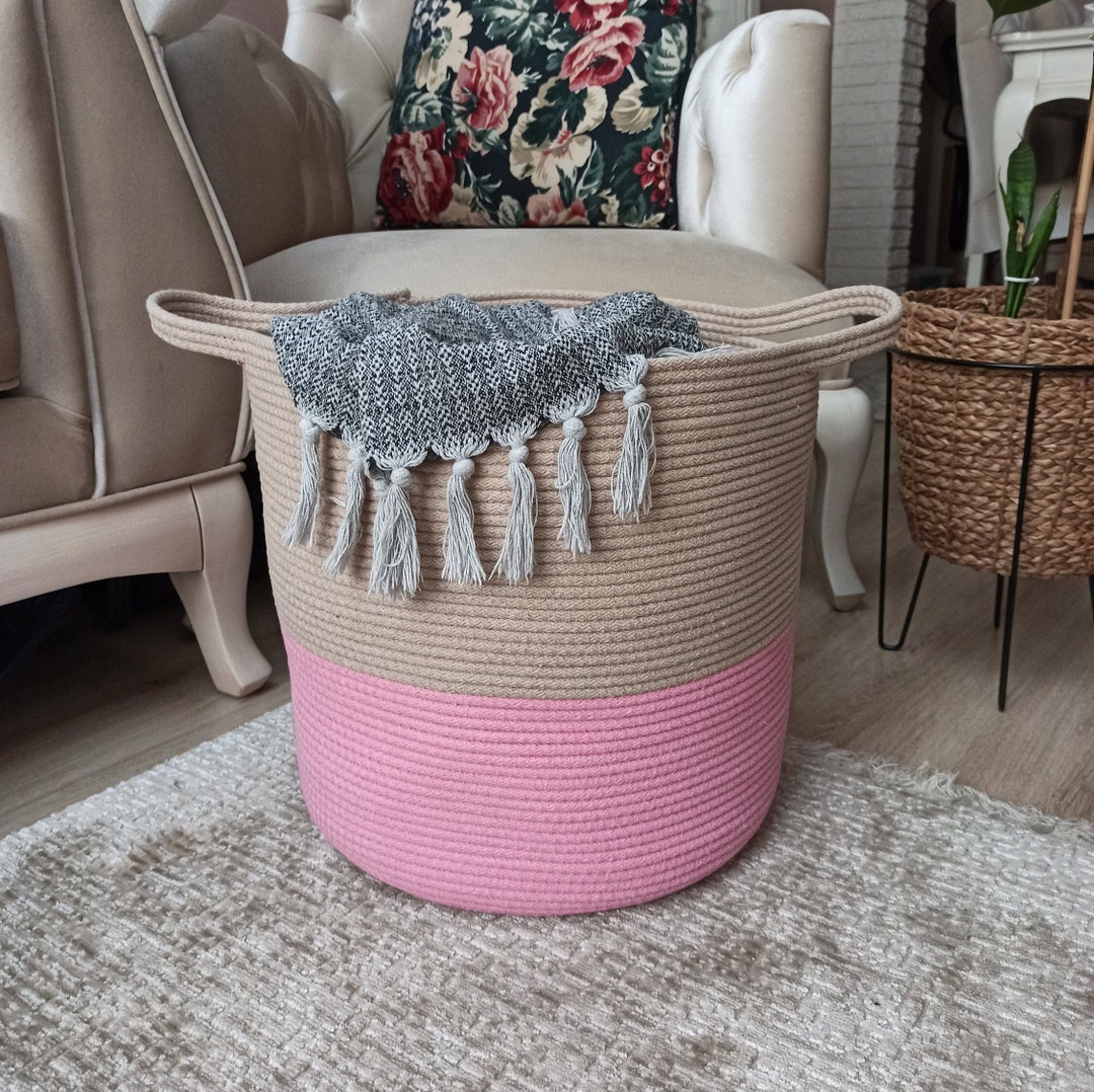 EXTRA Large Blanket Basket for Nursery or Living Room Woven Cotton Rope Laundry Basket Pillow ...