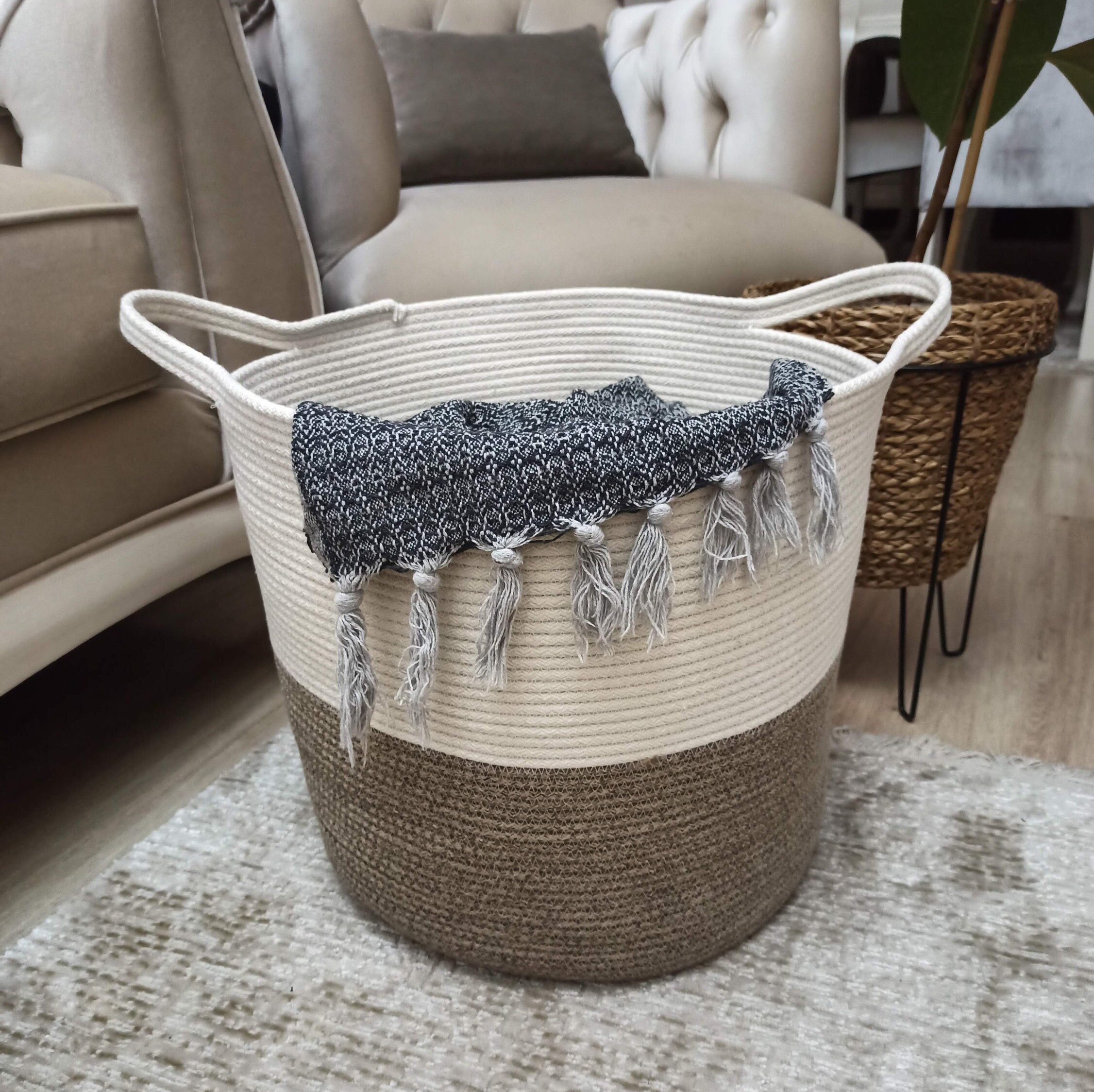EXTRA Large Blanket Basket for Nursery or Living Room Woven Cotton Rope Laundry Basket Pillow ...