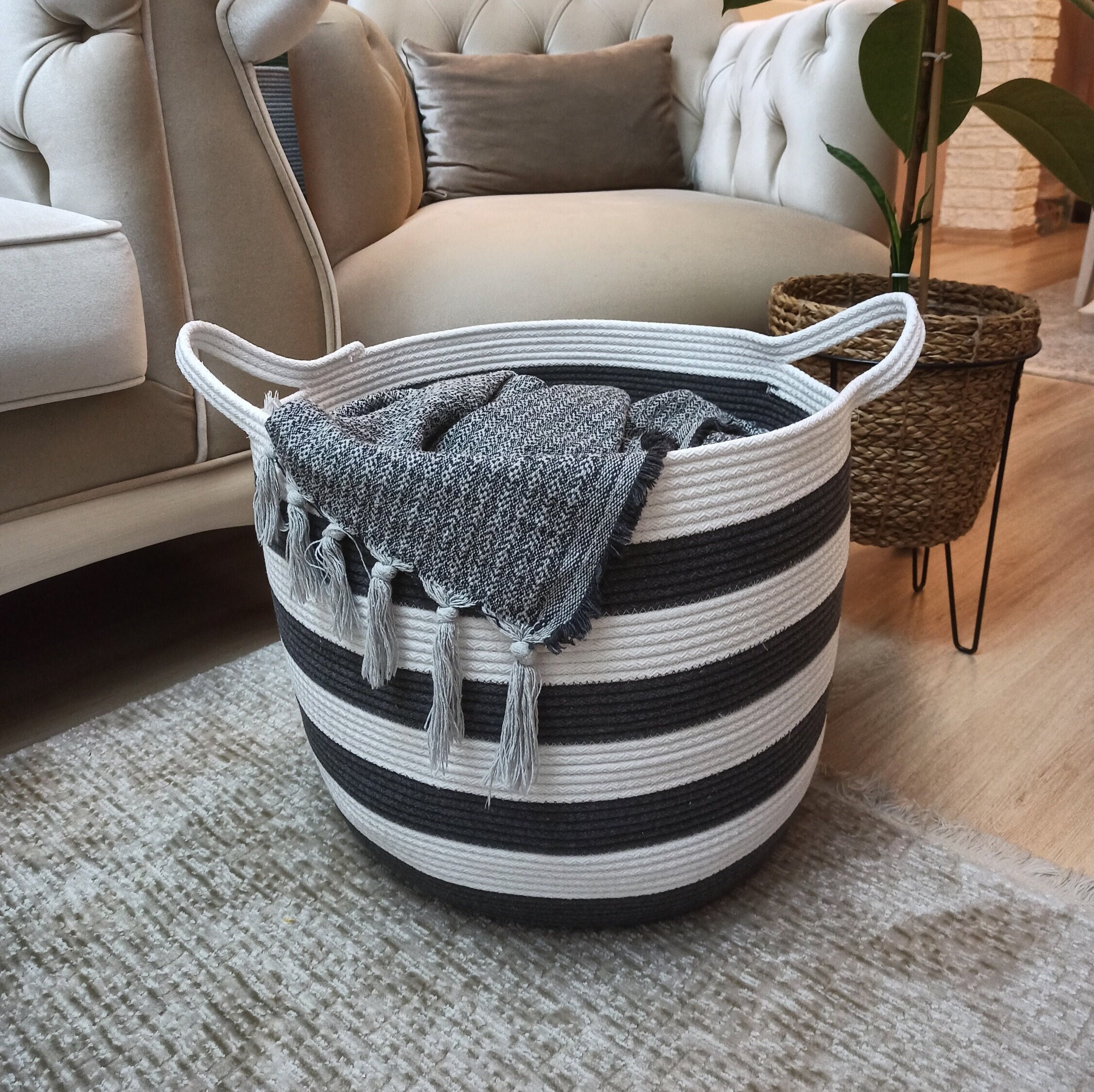 EXTRA Large Blanket Basket for Nursery or Living Room Woven Cotton Rope ...