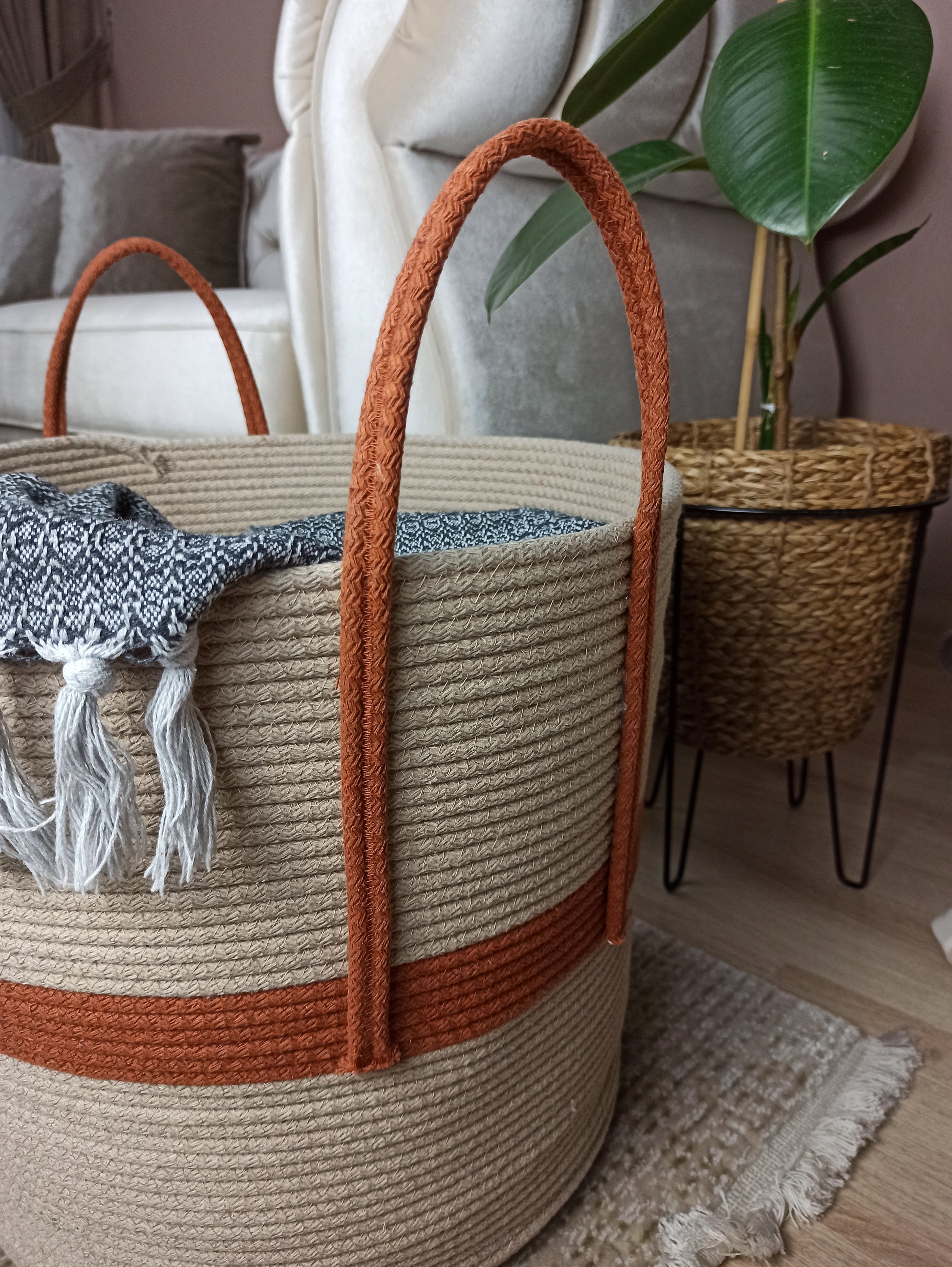 Extra large blanket basket for nursery or living room woven cotton rope