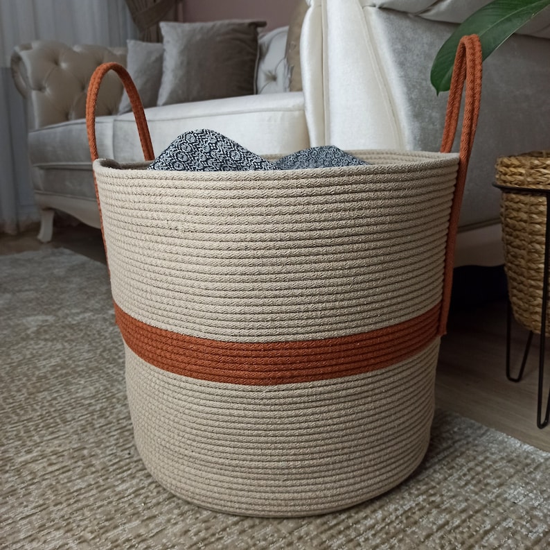 EXTRA Large Blanket Basket for Nursery or Living Room Woven Cotton Rope Laundry Basket Pillow