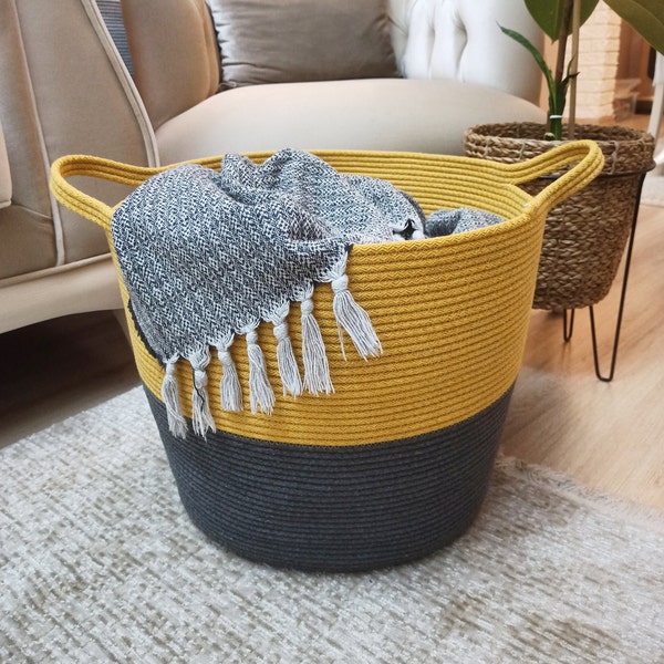 EXTRA Large Blanket Basket for Nursery or Living Room - Woven Cotton Rope Laundry Basket - Pillow Storage Basket - XXL 15"x16"