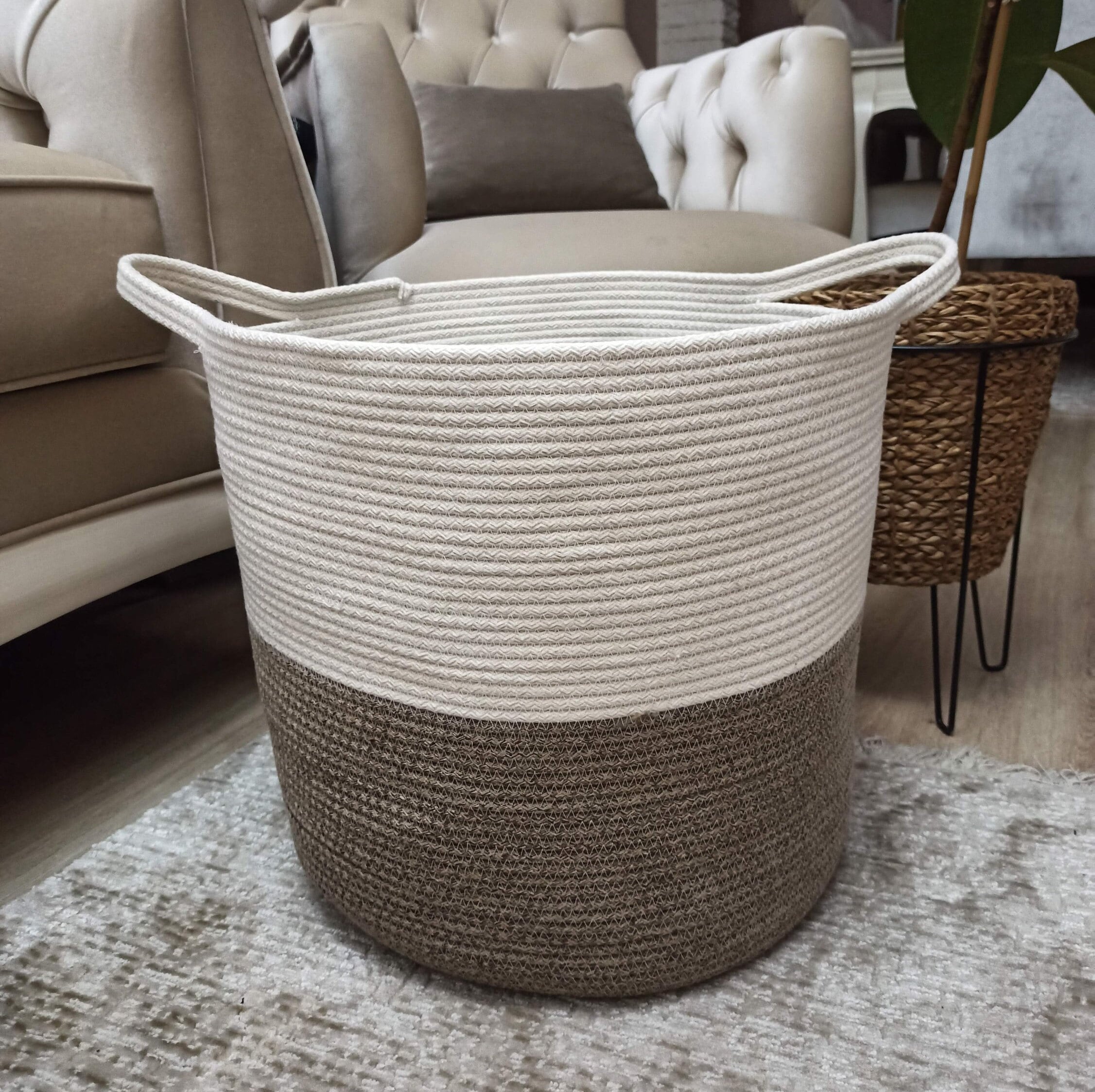 Extra large blanket basket for nursery or living room woven cotton rope