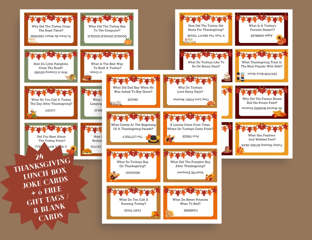 Thanksgiving Joke Cards, Lunchbox Note Cards for Kids, Thanksgiving Printable Cards, Funny Joke ...