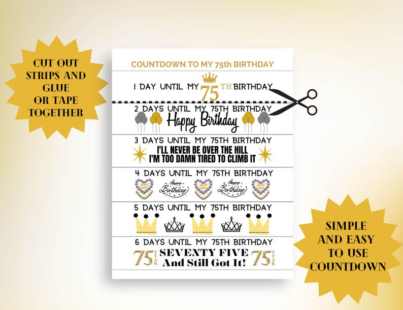 75th Birthday Countdown Paper Chain: DIY Printable Calendar (PDF ...