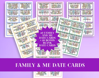 Puede incluir: Un conjunto de 60 tarjetas de citas familiares y yo coloridas con 10 tarjetas en blanco. Las tarjetas presentan una variedad de actividades para hacer con los miembros de la familia, como visitar un mercado de agricultores, tener una pijamada familiar, hacer pizza casera y hacer una caminata.
