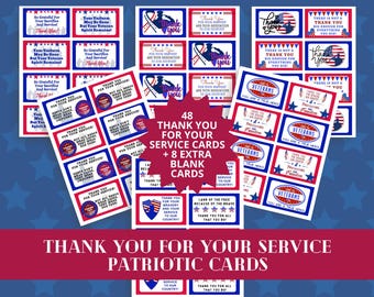 May include: A collection of patriotic thank you cards featuring red, white, and blue designs with American flag motifs, star patterns, and text including 48 THANK YOU FOR YOUR SERVICE CARDS + 8 EXTRA BLANK CARDS and THANK YOU FOR YOUR SERVICE PATRIOTIC CARDS.