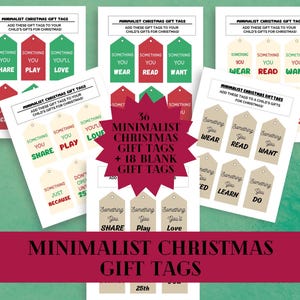 Etiquettes cadeaux de Noël minimalistes, quelque chose que vous portez, lisez, voulez, avez besoin, apprenez, faites, partagez, jouez, aimez, parce que et quelque chose pour vous étiquettes cadeaux