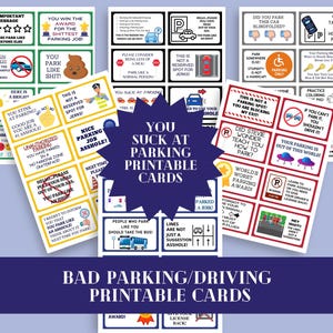 Slechte parkeerkaart, je zuigt bij parkeren, voorruitkaarten, cadeau witte olifant, kousen, aanstootgevende nieuwigheidskaarten, je rijgedrag is slecht