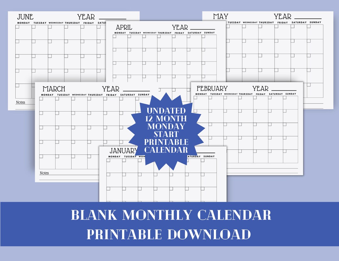 Blank Monthly Monday Start Printable Calendar Template, Minimalist ...