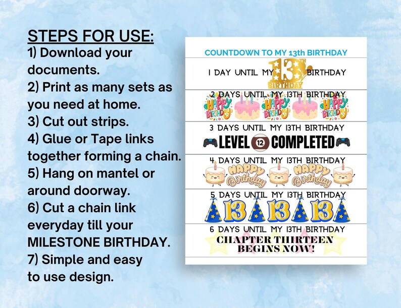 13th Birthday Countdown Chain: DIY Printable Paper Activity (PDF ...