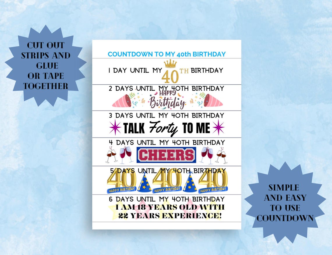 40th Birthday Countdown Paper Chain: DIY Printable Calendar (PDF ...