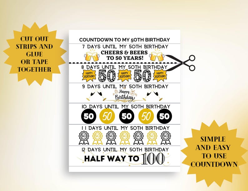 50th Birthday Countdown Paper Chain: DIY Printable Activity (PDF ...