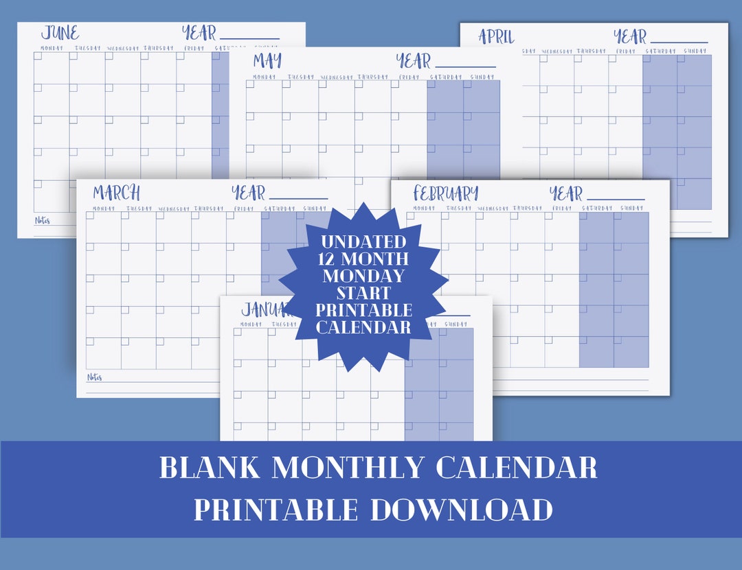 Blank Monthly Monday Start Printable Calendar Template, Minimalist ...