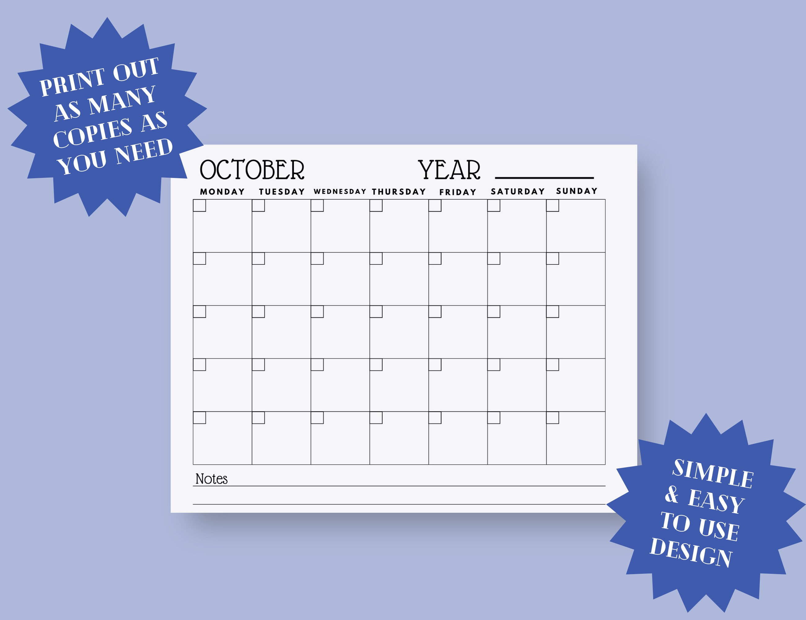 Blank Monthly Monday Start Printable Calendar Template, Minimalist ...