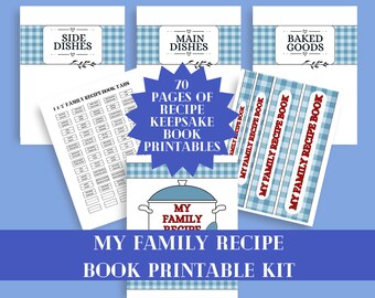 Blau kariertes Rezept-Kit: Familienandenken-Organizer (druckbare PDF)