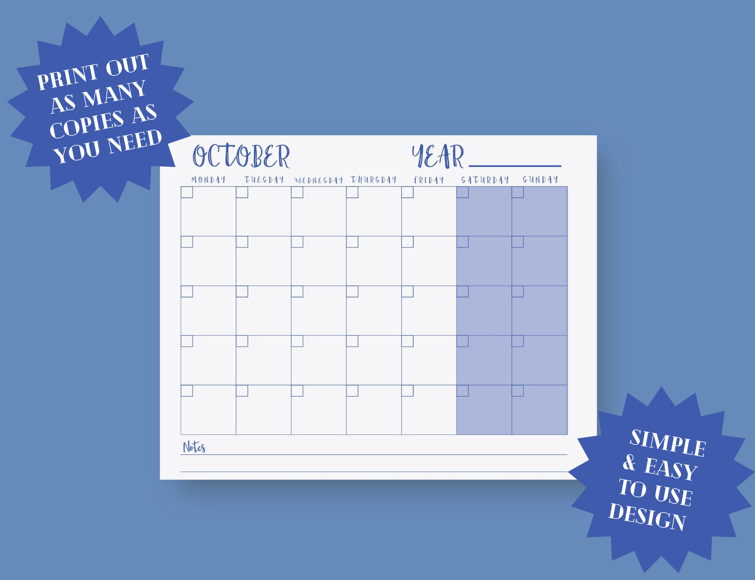 Blank Monthly Monday Start Printable Calendar Template, Minimalist ...