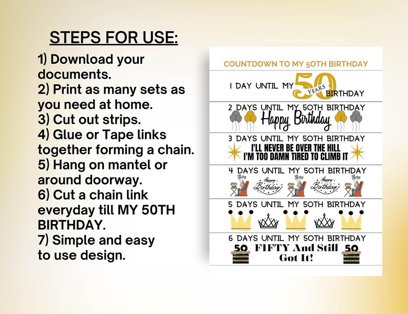 50th Birthday Countdown Paper Chain: DIY Printable Activity (PDF ...