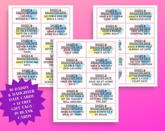 Puede incluir: Un conjunto de 30 tarjetas coloridas con diferentes ideas de citas para un padre y su hija. Las tarjetas son rosas, azules y amarillas con corazones y otros diseños. El texto en las tarjetas dice "Daddy & Daughter Date" y enumera diferentes actividades como "Ir a una cita de desayuno", "Tener una cita de mini golf", "Ir al zoológico" y "Tener una cita en la cancha de comida". También se incluyen 12 etiquetas de regalo gratis y 10 tarjetas en blanco.