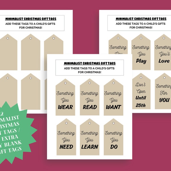 Minimalist Christmas Gift Tags, Something You Wear, Read, Want, Need, Learn, Do, Share, Play, Love, Because and Something for You Gift Tags