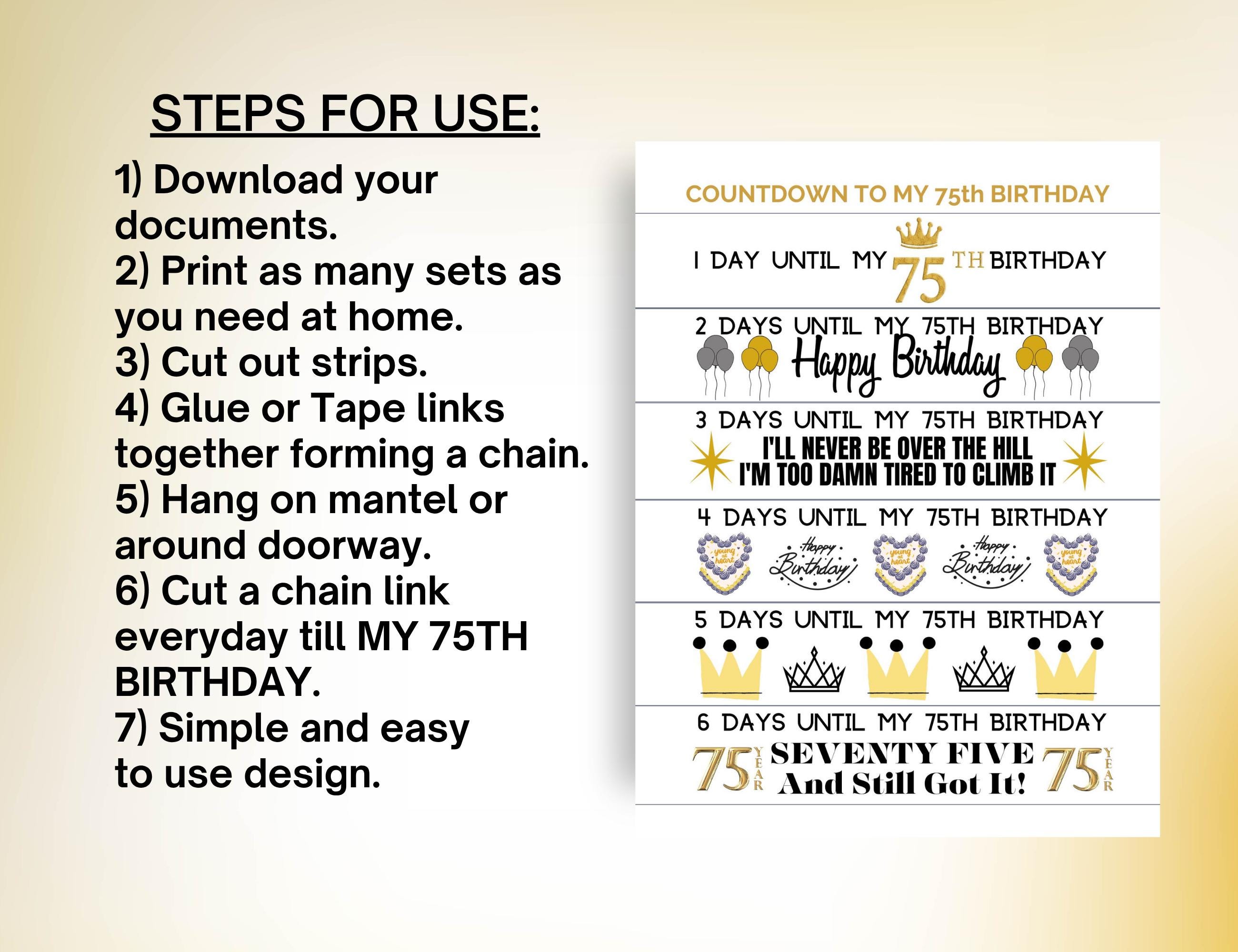 75th Birthday Countdown Paper Chain: DIY Printable Calendar (PDF ...