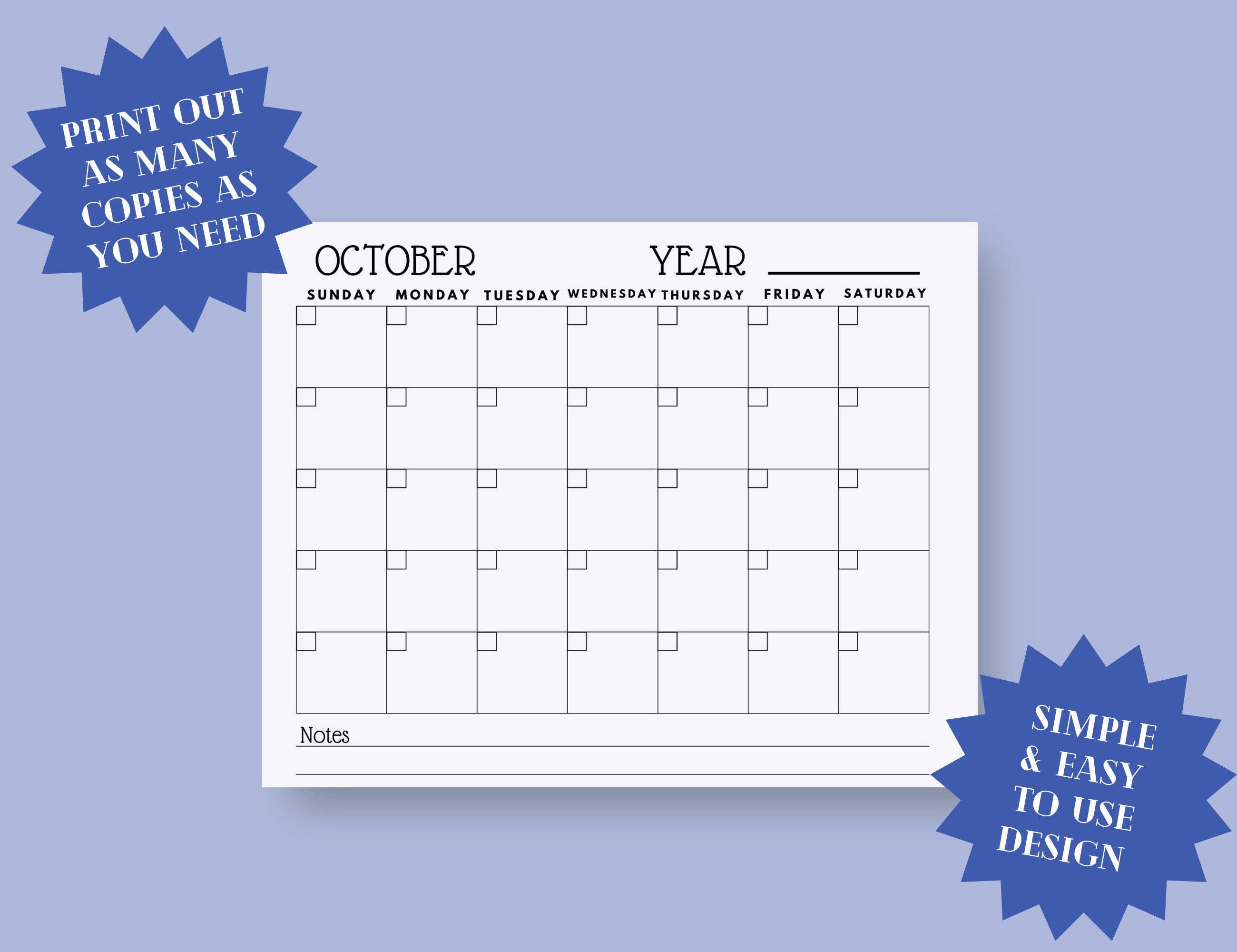Blank Monthly Sunday Start Printable Calendar Template, Minimalist ...