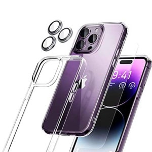 May include: A clear phone case with a purple phone inside. The phone case has a raised lip around the camera lenses. The phone has a screen protector on it. The phone case comes with three clear camera lens protectors.