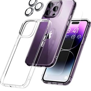 Peut inclure: Une coque de téléphone transparente avec un protecteur d'écran et trois protecteurs d'objectif d'appareil photo. La coque de téléphone est conçue pour un iPhone avec un système de triple appareil photo. Le protecteur d'écran est transparent et les protecteurs d'objectif d'appareil photo sont noirs.