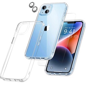 Peut inclure: Une coque de téléphone transparente et un protecteur d'écran pour un iPhone. La coque de téléphone est transparente et possède un rebord surélevé autour de l'objectif de l'appareil photo. Le protecteur d'écran est également transparent et a une surface lisse. La coque de téléphone et le protecteur d'écran sont tous deux conçus pour protéger le téléphone des rayures et des chutes.
