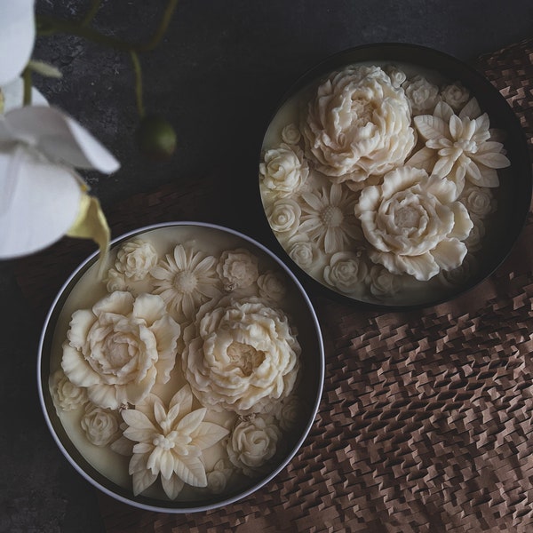 Handcrafted Flower Blossom Candle –  Wax Flowers in Metal Container – Mother’s Day gift, Christmas gift, Birthday gift, Wedding gift