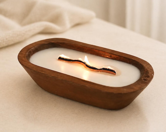Wooden Dough Bowl Candle with Wavy Wooden Wick – Hand Poured Soy Candle, Rustic Farmhouse Home Decor, Long Burning Cozy Gift