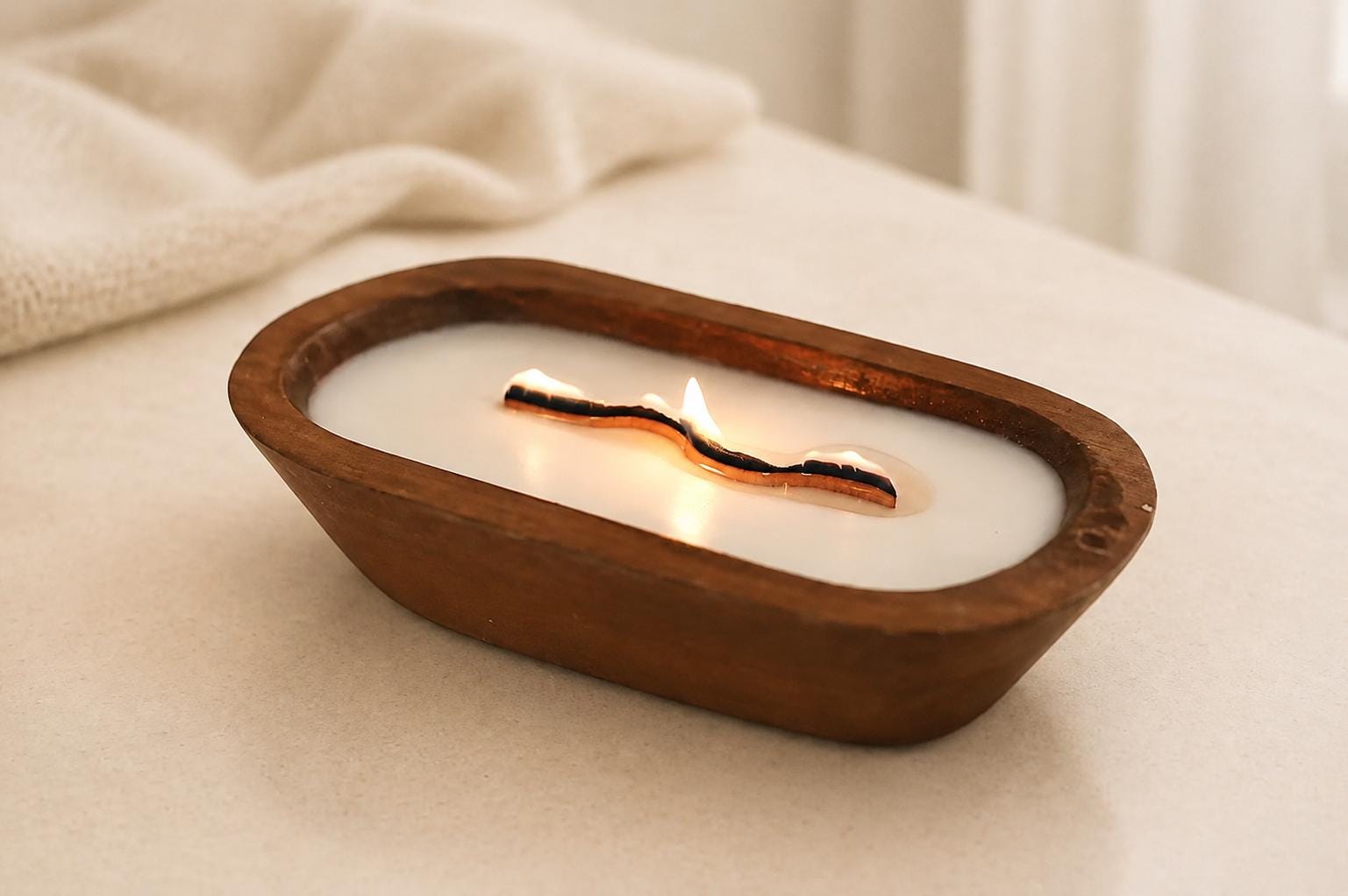Wooden Dough Bowl Candle With Wavy Wooden Wick – Hand Poured Soy Candle, Rustic Farmhouse Home Decor, Long Burning Cozy Gift