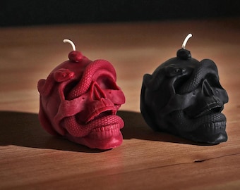 Skull with Snake Pillar Candle — Gothic Human Skull Candle, Handcrafted Wax Decor, Unique Halloween / Home Gift