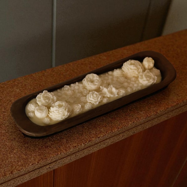 Huge Handcrafted Botanical Candle in Rustic Wooden Dough Bowl - 28oz, 6 Wicks, Flower Blossom, Natural Soy Wax, Luxury Home Decor Gift