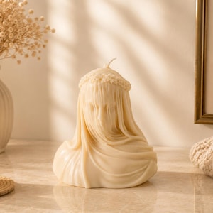 Virgin Veiled Lady Candle – Handmade Small Soy Wax Bust, Mystical Feminine Sculpture, Elegant Home Decor Accent, Gift for Her, Halloween