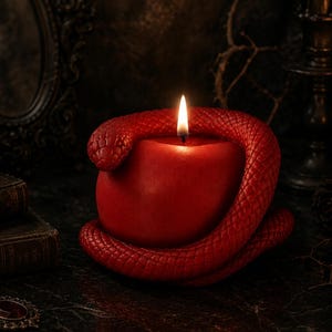May include: A bright red apple-shaped candle with a lit wick, encircled by a textured red snake figure. The candle features realistic scale details on the snake's body and a smooth surface on the apple portion, creating a distinct contrast in texture.
