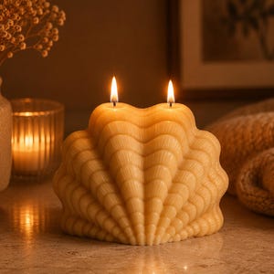 May include: A light yellow, shell-shaped candle with two lit wicks. The wax surface features a textured, radial ribbed pattern mimicking the appearance of a scallop shell. The candle is positioned upright, emitting a warm glow from both flames.