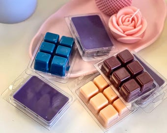 Op de afbeelding: Vier verschillende wax melts in doorzichtige plastic verpakkingen. De wax melts zijn in verschillende kleuren, waaronder paars, blauw, bruin en beige. De wax melts zijn vierkant.