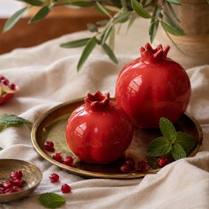 May include: Two glossy red ceramic pomegranate sculptures sit on a gold-colored tray, alongside a small bowl of pomegranate seeds and a pomegranate slice. The arrangement is set on a cream-colored cloth, with green sprigs and leaves.