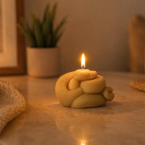 Könnte beinhalten: Eine hellgelbe, knotenförmige Kerze mit brennendem Docht. Die Wachsoberfläche weist ein feines, schraffiertes Muster auf ihrer abgerundeten, gewundenen Form auf. Die Flamme strahlt ein warmes, sanftes Licht aus, das die komplexe, geflochtene Struktur beleuchtet.