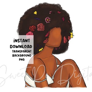 Afro Nubian Woman PNG Clip Art File, Black Woman With Afro, Woman with Flowers, Black Planner Doll Sticker, Black Woman Digital Sticker